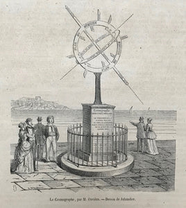 "Le Cosmographie, par M. Ouviere"  Wood engraving published 1870.On the reverse side is an article titled "Cosmographie". Overall light natural age toning.