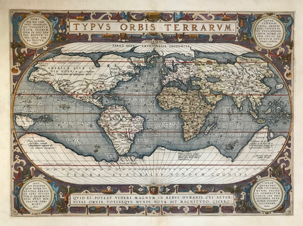 "Typus Orbis Terrarum"  World Map Ortelius. Reference: Shirley 158  This is the third version of the world map by Abraham Ortelius. It is easily recognised by the four medaillons with classical citations (2 by Cicero and 2 by Seneca). Below the signature of Ortelius the map is dated: 1587, although this map was used for the first time in his atlas only in the year 1592.  Type of print: Copper etching  Color: Original hand coloring  Author: Abraham Ortelius (1527-1598)