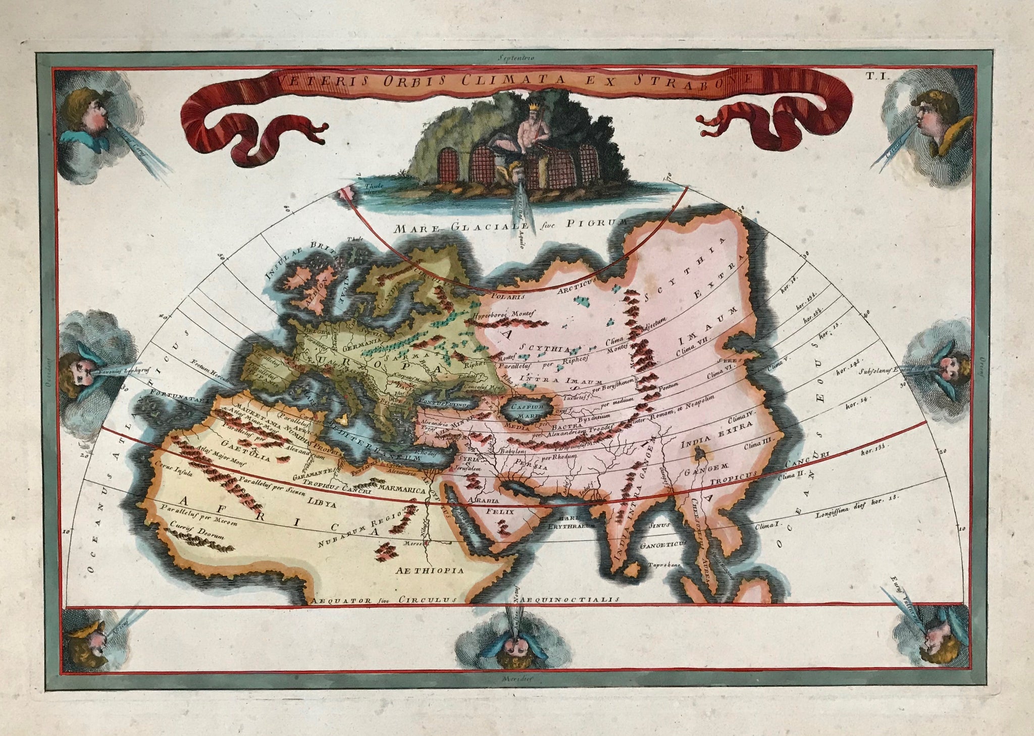 "Veteris Orbis Climata ex Strabone". Copper etching of a Ptolemaic map initiated by Strabo and most likely published by Christopher Cellarius (1638 - 1707). Ca.1700.  The map, decoratad with a ribbon title and eight winds blowing from all directions, shows the "Old World" in which Strabo defined his assumptions of climatic regions on earth