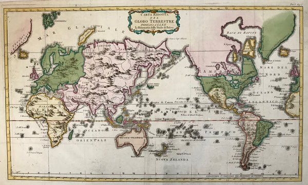 "Carta Ridotta Del Globo Terrestre". Copper etching, anonymous Italian, dated. 1781. Modern hand coloring.  A facinating aspect of this map is that Europe and Asia are shown on the left side. A little bit of Europe and Africa is on the right edge to give a sense of location. In both upper corners is a bit of Greenland. In the upper left is Iceland in green.