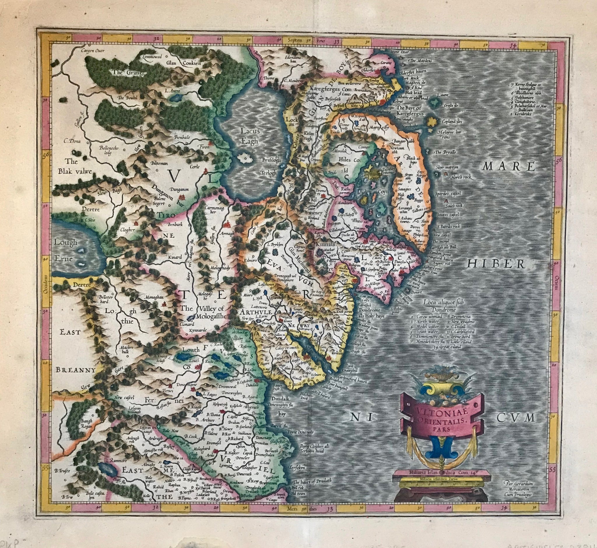 Ireland, "Ultoniae Orientalis Pars"  Map shows Eastern part of Ulster (North Ireland)  Outstandingly originally hand-colored copper etching by Gerard Mercator (1512-1594)  Published posthumously by Mercator's son Rumold in Duisburg, 1595