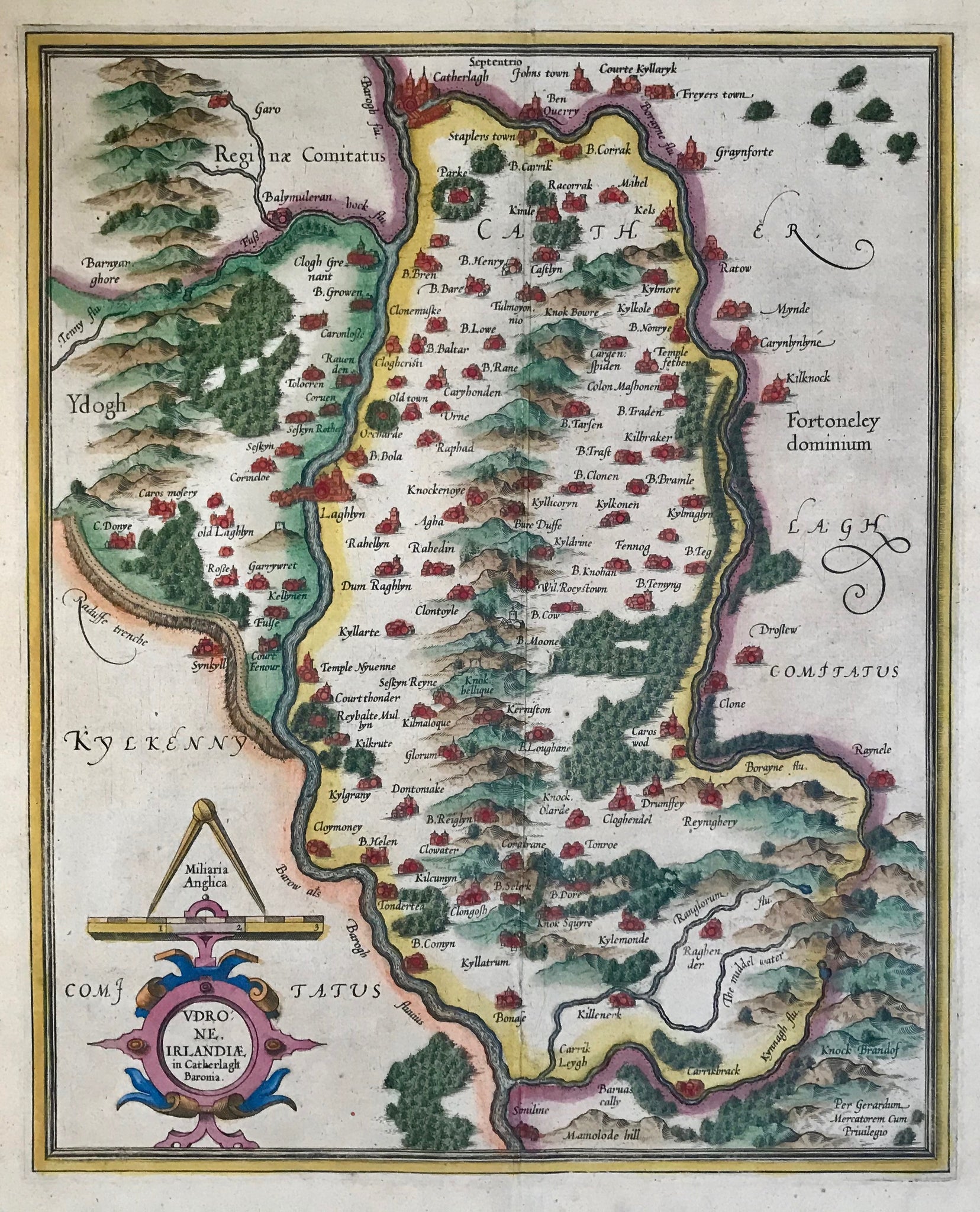 "Udrone Irlandiae in Caterlagh Baronia"  Outstandingly originally hand-colored copper etching by Gerard Mercator (1512-1594)  Map shows present day County Carlow in Leinster Province and Catherlaugh, now Carlow.  Published posthumously by Mercator's son Rumold in Duisburg, 1595