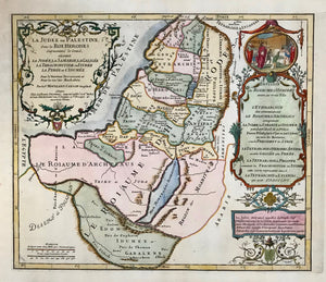 "La Judée ou Palestine, sou le Roi Herodes sur nommé le Grand,...". Copper etching by Pierre Moulard Sanson in outstanding recent coloring. Paris, 1712.  This map shows biblical Palestine during the reign of King Herodes. The title cartouche is in the upper left corner. The cartouche on the right side has a genre scene in the medallion. A list of historical events on the right side help to put this map in historical perspective.