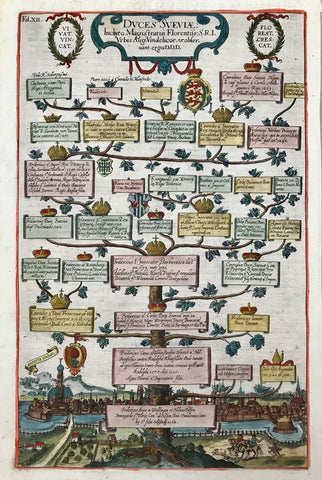 Duces Sueviæ  Copper etching by Raphael Custos (Custodis), Augsburg, 1613. Very fine, modern hand coloring. This very interesting etching shows a family tree of the ruler of Swabia beginning with Fridericus Baron of Weiblingen-Hohenstauffenin 1064 at the bottom and reaching to Conrad of Swabia in 1269 at the top. At the bottom is an attractiv