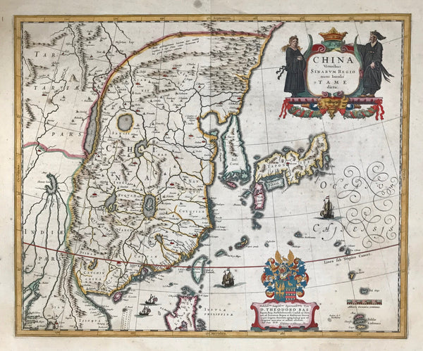 China Veteribus Sinarum Regio  "China Veteribus Sinarum Regio nunc Incolis Tame dicta"  Copper etching by Willem Janzoon Blaeu (1571-1638)  Map of China, Korea, Japan, Taiwan, Northern part of the Island of Luzon (Philippines).  By Willem Janzoon Bleau  From Theatrum Orbis Terrarum  Beautiful Cartouche with the cotes of arms., interior design, wall decoration, ideas, idea, gift ideas, present, vintage, charming, special, decoration, home interior, living room design