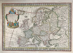 "L'Europe divisee dans ses Principaux Etats Subdivises en leurs Principales Provincese"  Hand-colored copper etching by J(an) L'(H)hillier and finished by Guillaume Danet  Dated: Paris, 1750  Decorative map of Europe. Shows the "0 Meridian" fixed under the rule of Louis XIII  in the year 1634 (Later- 1884 - changed to the Greenwich Meridian). Map has a bordure consisting of 110 coats of arms of cities, provinces, states. A