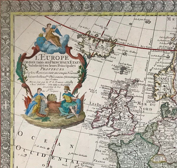 "L'Europe divisee dans ses Principaux Etats Subdivises en leurs Principales Provincese"  Hand-colored copper etching by J(an) L'(H)hillier and finished by Guillaume Danet  Dated: Paris, 1750  Decorative map of Europe. Shows the "0 Meridian" fixed under the rule of Louis XIII  in the year 1634 (Later- 1884 - changed to the Greenwich Meridian). Map has a bordure consisting of 110 coats of arms of cities, provinces, states. A