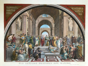 The School of Athens - Scuola di Atene - Die Schule der Philosophen  This was the second of a series of wall frescos, Raffaello Sanzio da Urbino, more colloquially known simply as Raphael (1483-1520), painted in the library / study of Pope Julius II. called "Stanza della Segnatura". Raphael placed this wall fresco opposite "La Disputa". 