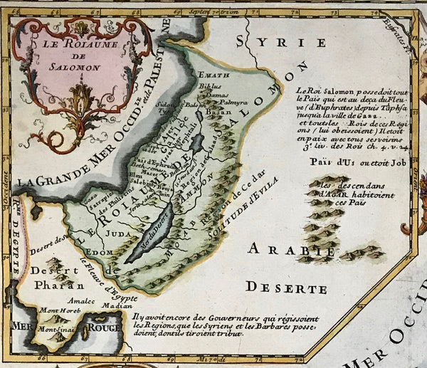 "La Monarchie des Hebreux sous Salomon, ou le Roiaume d'Israel distingué en Douze Prefectures ou Goverments....". Copperplate etching by Pierre Moulard Sanson in very good recent coloring. Paris, 1712.  This map shows biblical Palestine during the reign of King Salomon. The inset in the upper left corner, held by an angel with a cornucopia, shows the position of Salomon's Kingdom in the Near East. A genre scene decorates the title cartouche in the lower left corner. 