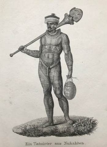 "Ein Tatuirter Nukahiwer". (A complete tatooed man from Nukahewa, Marquesa Islands). Habitans de Nukahiwa tatoue.  Lithograph by J. Honegger from ãNaturgeschichte und Abblidung des Menschen..." by HeinrichRudolf Schinz. Zurich, 1845. (Native people of the world).