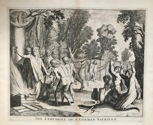 "The Ceremony of a German Sacrifice"  Copperplate etching by Cornelius Huyberts (ca. 1669-1712)  Published in "War Commentaries on the Celts", by Julius Caesar  by J.and R. Tonson. London, 1753  Huyberts did this engraving undated with a dedication to the Earl of Stafford about 1696/1700. It was named "Germanorum vetus Sacrificandi ritus".
