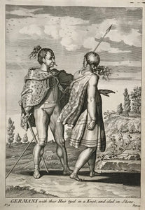    "Germans with their Hair tyed in a Knot, and clad in Skins."  31 x 22 cm ( 12.2 x 8.6)  Antique Prints of the Celts (Kelten)  From Julius Ceasar's "War Commentaries on the Celts", in which he described the somewhat perplexing encounters with the people north of the Alp