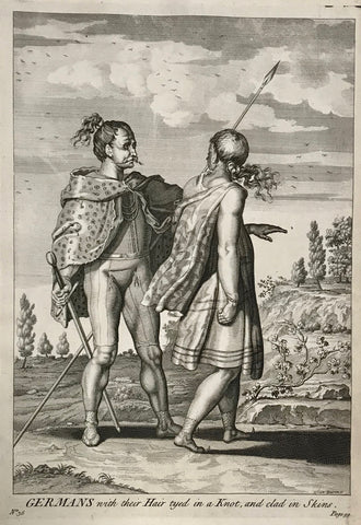   "Germans with their Hair tyed in a Knot, and clad in Skins."  31 x 22 cm ( 12.2 x 8.6)  Antique Prints of the Celts (Kelten)  From Julius Ceasar's "War Commentaries on the Celts", in which he described the somewhat perplexing encounters with the people north of the Alp
