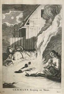 Germans sleeping on Skins.  31 x 22.1 cm ( 12.2 x 8.7)   Antique Prints of the Celts (Kelten)  From Julius Ceasar's "War Commentaries on the Celts", in which he described the somewhat perplexing encounters with the people north of the Alps.