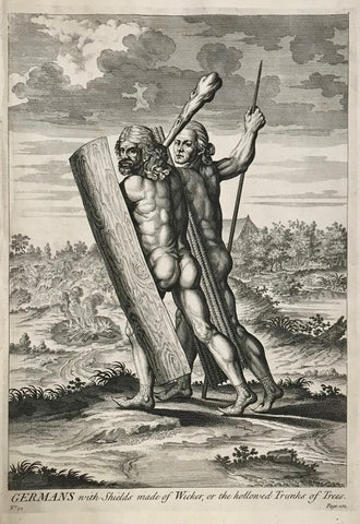 "Germans with Shields made of Wicker, or ther hollowed trunks of Trees."  Left margin is a bit narrow.  32 x 22.8 cm ( 12.5 x 8.9)     Antique Prints of the Celts (Kelten)  From Julius Ceasar's "War Commentaries on the Celts", in which he described the somewhat perplexing encounters with the people north of the Alps. 