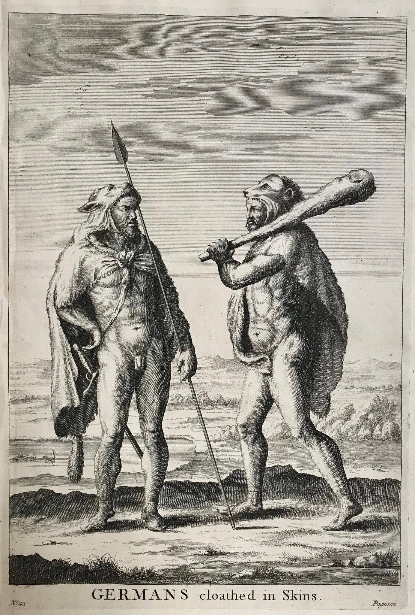    Germans cloathed in Skins entire, with the Horns adapted to their Heads, so as to make themselves terrible.  A few spots in lower margin..  31.7 x 22.5 cm ( 12.4 x 8.8)  Antique Prints of the Celts (Kelten)  From Julius Ceasar's "War Commentaries on the Celts", in which he described the somewhat perplexing encounters with the people north of the Alps. 