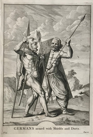 "Germans armed with Shields and Darts."  31.5 x 22.5 cm ( 12.4 x 8.8)     Antique Prints of the Celts (Kelten)  From Julius Ceasar's "War Commentaries on the Celts", in which he described the somewhat perplexing encounters with the people north of the Alps.