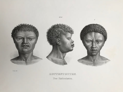 "Hottentotten" (A collective discriminatory name the Bures gave to Khoi-Khoi, Nama, Korana, Griqua, Orlam, Baster who lived in South Africa and Namibia).  Lithograph by J. Honegger from "Naturgeschichte und Abblidung des Menschen..." by Heinrich Rudolf Schinz. Zurich, 1845. (Native people of the world).