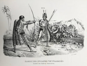 "Kampf der Indianer von Iuracares". (Fighting Yuracares Indians of Bolivia).  Lithograph by J. Honegger from "Naturgeschichte und Abblidung des Menschen..." by Heinrich Rudolf Schinz. Zurich, 1845. (Native people of the world).