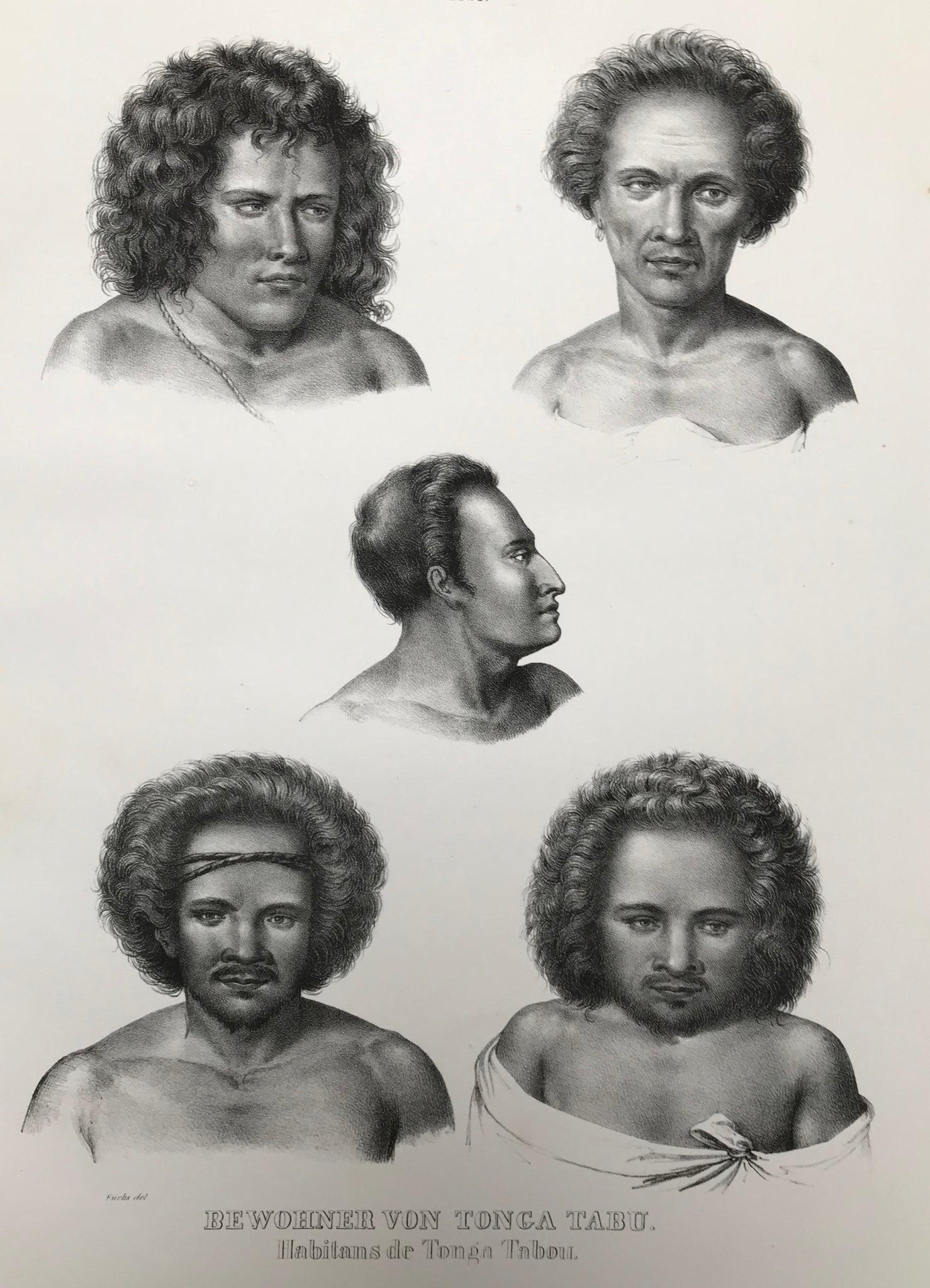"Bewohner von Tonga Tabu". (Inhaitants of Tonga)  Lithograph by J. Honegger from "Naturgeschichte und Abblidung des Menschen..." by Heinrich Rudolf Schinz. Zurich, 1845. (Native people of the world).