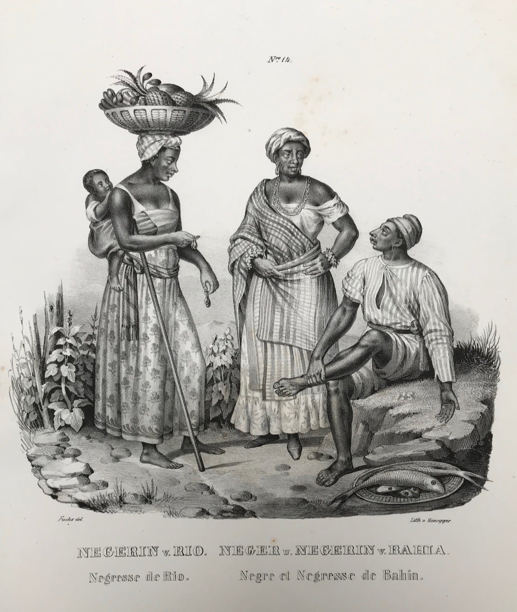 "Negerin v. Rio. Neger u. Negerin v. Bahia" Negresse de Rio. Negre et Negresse de Bahia.  Lithograph by J. Honegger from "Naturgeschichte und Abblidung des Menschen..." by Heinrich Rudolf Schinz. Zurich, 1845. (Native people of the world