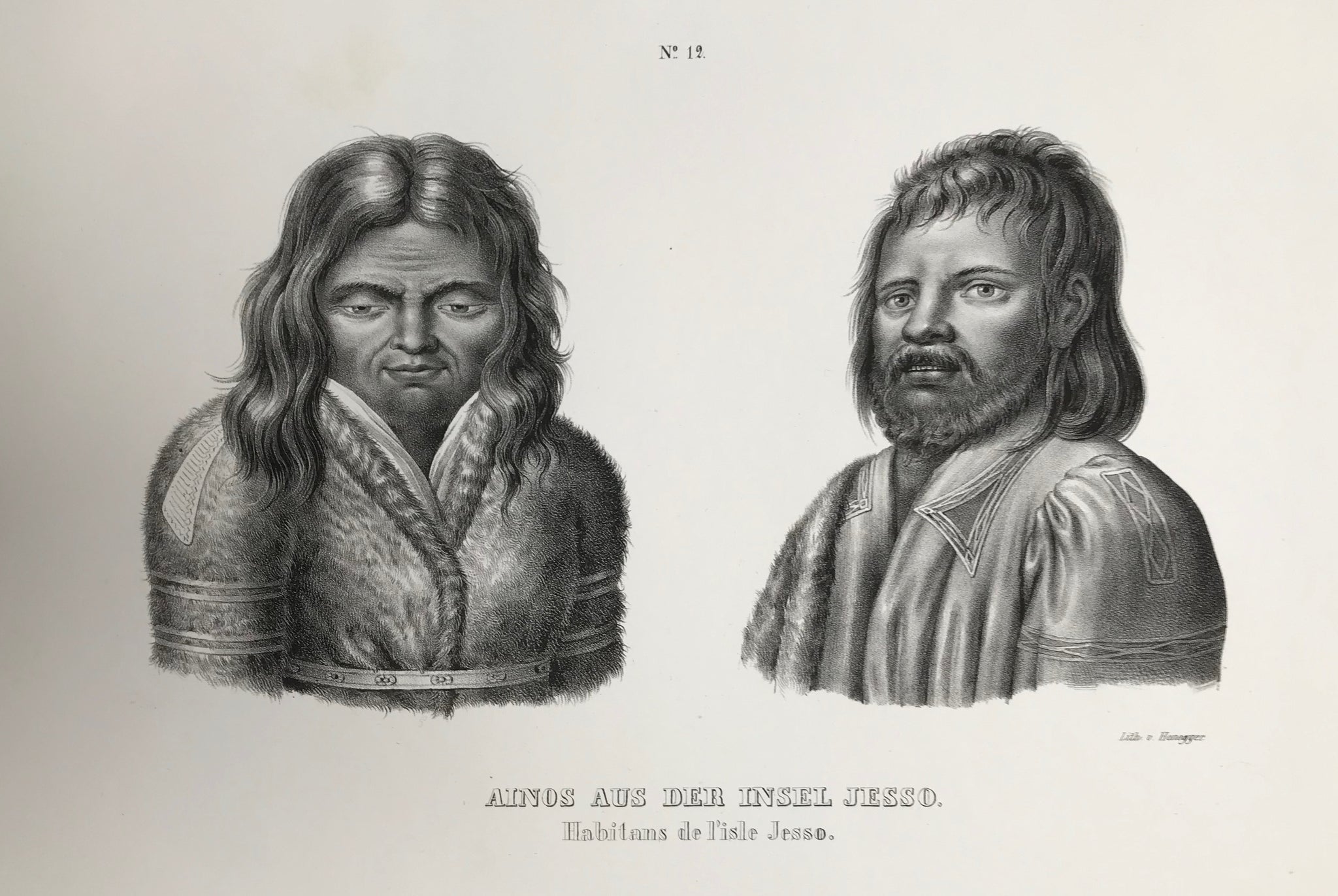 "Ainos aus der Insel Jesso" (Jesso was a former name for the Japanese island of Hokkaido)  Lithograph by J. Honegger from "Naturgeschichte und Abblidung des Menschen..." by Heinrich Rudolf Schinz. Zurich, 1845. (Native people of the world).