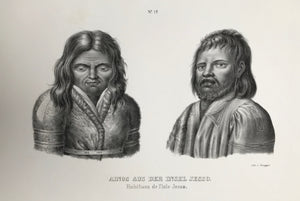 "Ainos aus der Insel Jesso" (Jesso was a former name for the Japanese island of Hokkaido)  Lithograph by J. Honegger from "Naturgeschichte und Abblidung des Menschen..." by Heinrich Rudolf Schinz. Zurich, 1845. (Native people of the world).