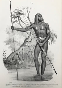 "Eingeborner von Neuguinea (von der Strasse Princess Marianne". (Native of New Guinea from Princess Marianna Strait) Naturel de la novelle Guinee.  Lithograph by J. Honegger from "Naturgeschichte und Abblidung des Menschen..." by Heinrich Rudolf Schinz. Zurich, 1845. (Native people of the world).