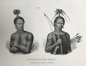 "Bewohner von Ombai". Inhabitants of Ombai, Indonesia).  Lithograph by J. Honegger from "Naturgeschichte und Abblidung des Menschen..." by Heinrich Rudolf Schinz. Zurich, 1845. (Native people of the world).  Clean.  Page size: 26 x 36 cm (10.2 x 14.2")