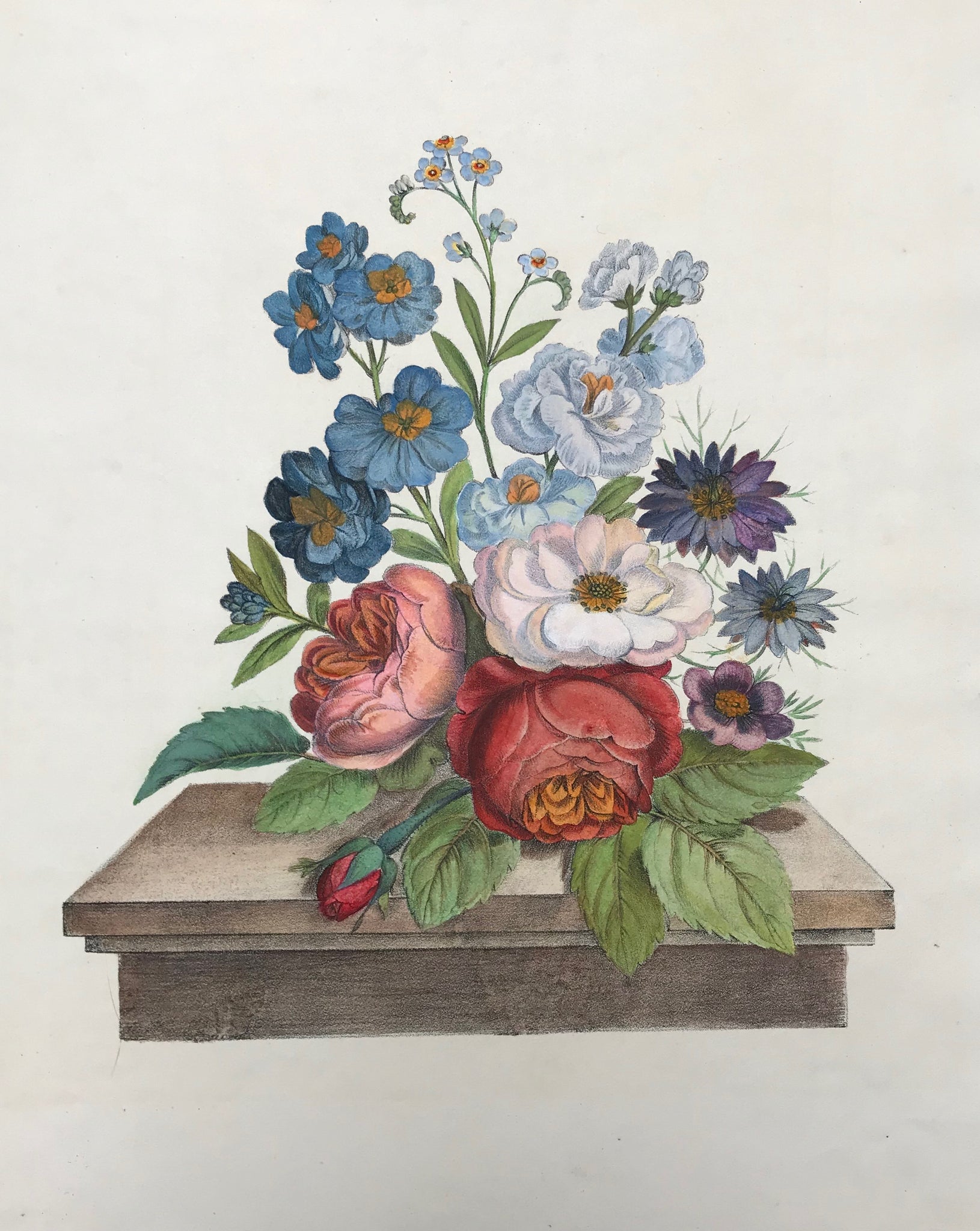 No title. Flower Bouquet with roses.  Hand-colored lithograph after John Edwards  Signed in socket on left.  Printed and published: London, ca. 1840