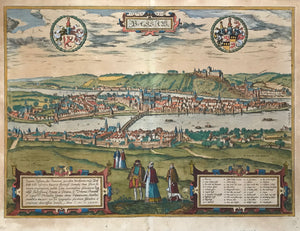 "Passau"  One of the especially "pretty" views in the entire "Civitates Orbis Terrarum" by Georg Braun and Franz Hogenberg is this general view of Passau!  Hand-colored copper etching. Dated 1576. Text in Latin about Passau on half of backside.