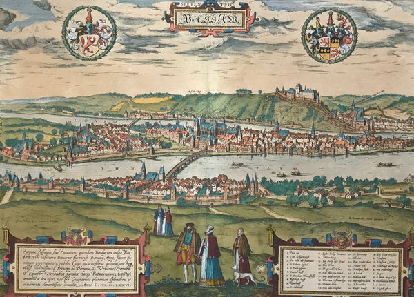 "Passau"  One of the especially "pretty" views in the entire "Civitates Orbis Terrarum" by Georg Braun and Franz Hogenberg is this general view of Passau!  Hand-colored copper etching. Dated 1576. Text in Latin about Passau on half of backside.