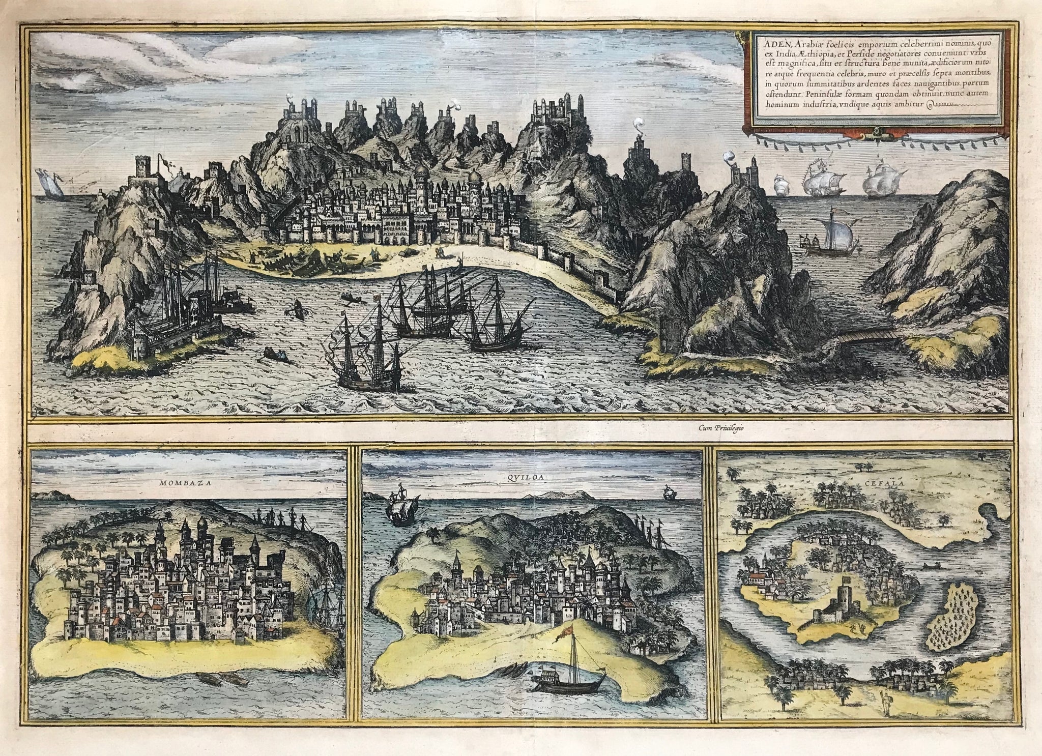 By Georg Braun (1540-1622) and Frans Hogenberg (1535-1590)  Cologne, 1572  The most prominent panoramic view of the city of Aden in Yemen in Arabia and three views of Africa's East Coast in the 16th century.  Mombaza (Mombasa in Kenya)  Quiloa (near Kilwa Kisiwani)  Cefala (Sofala in Mozambique)