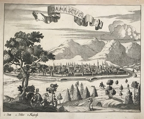 "Damascus"  Copperplate etching by Pieter van der Aa (1659 - 1733)  From "La Galerie Agreable du Monde" . Leiden 1748. There were only one hundred copies of this 66 volume work printed!!!!!!!)  General view of Syria's capital