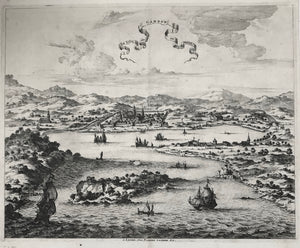 Bandar Abbas. - "La ville de Gamron en Perse"  The ancient classical name of Bandar Abbas in Iran used to be Gamron. This important harbor city on the Guld of Hormuz.  Very attractive (and very rare) copper etching by Pieter van de Aa.  Published in "Galerie agreeable du Monde". Of this book were only 100 copies printed, which explains the rarety  Leiden, 1728  Original antique print , interior design, wall decoration, ideas, idea, gift ideas, present, vintage, charming, special, decoration, home interior, 