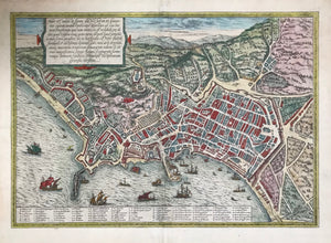 Naples. - "Haec est nobilis & florens illa Napolis, Campaniae civitas antea Parthenope..."  (This is the nobel and flourishing city of Naples, a city in Campania formerly called Parthenope...)  Copper etching. Original hand coloring. Published by Georg Braun (1541-1622) and Frans Hogenberg (1535-1590) in "Civitates Orbis Terrarum", 1572.