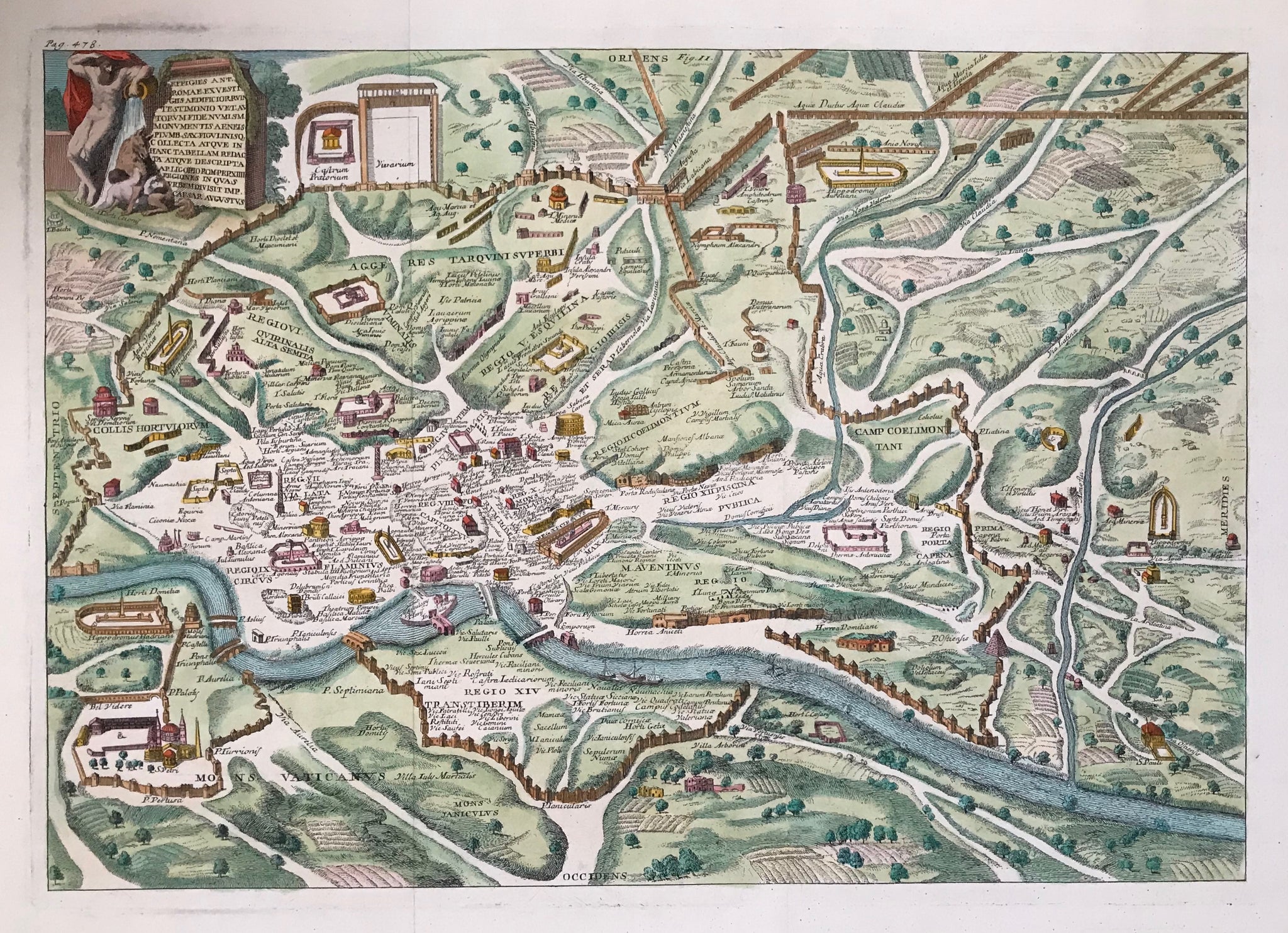 This absolutely rare and very attractive bird's eye view of Rome shows the location of the reconstructed antique buildings, sites etc of antique Rome within and beyond the walls. But it includes for example St. Peter on Mons Vaticanus. This is the first state of this map. Christoph Weigel used it as model for his similar map, which he published in his Atlas Scholasticus in Nuremberg, 1720