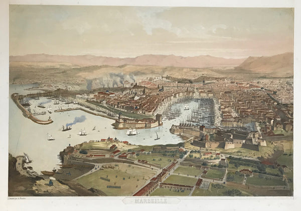 "Marseille" (Vue des Catalans)  Lithograph Noury after Alfred Guesdon (1808-1876) published ca 1840. Attractive hand coloring.