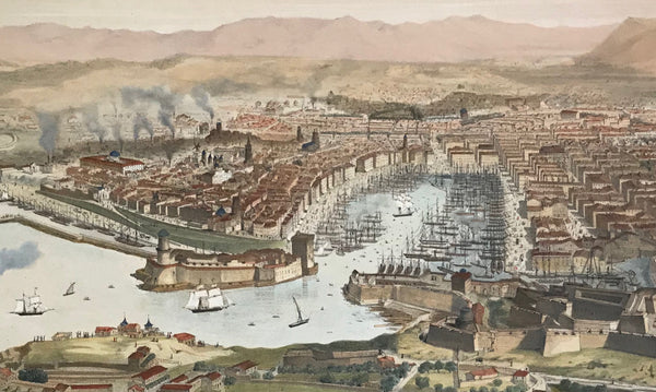 "Marseille" (Vue des Catalans)  Lithograph Noury after Alfred Guesdon (1808-1876) published ca 1840. Attractive hand coloring.