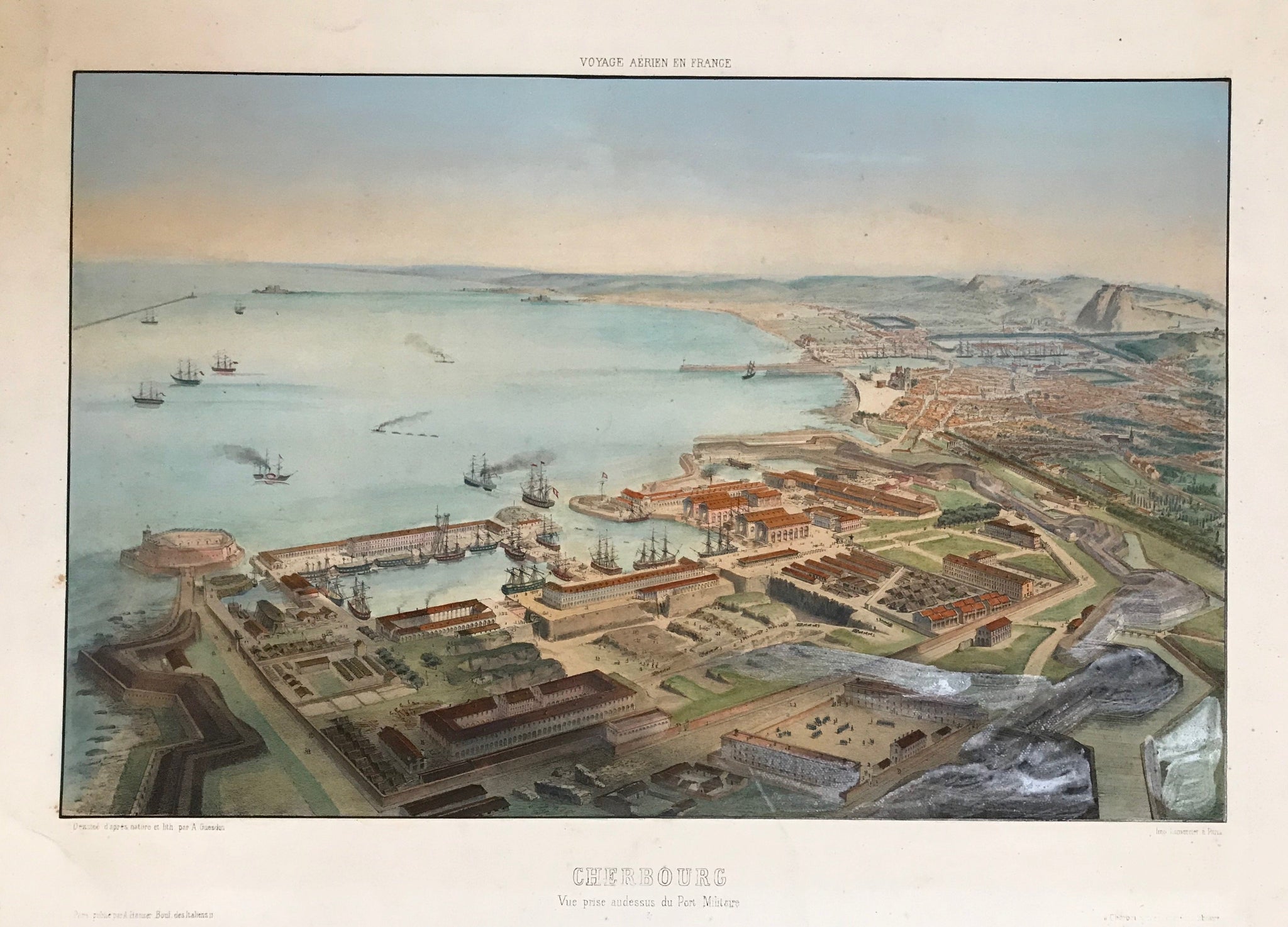 "Cherbourg Vue prise au-dessus du Port Militaire"  Cherbourg - view from above the military port.  Lithograph by Alfred Guesdon (1808-1876) after his own drawing.  Published in an album "Voyage Aerien en France".  Printed by Lemercier.  Paris, ca. 1850