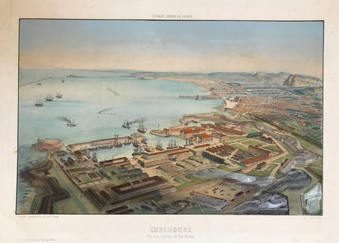 "Cherbourg Vue prise au-dessus du Port Militaire"  Cherbourg - view from above the military port.  Lithograph by Alfred Guesdon (1808-1876) after his own drawing.  Published in an album "Voyage Aerien en France".  Printed by Lemercier.  Paris, ca. 1850