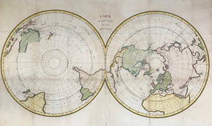 "Carte Magnétique des deux Hemisphères". Copper etching ca 1780. Modern hand coloring.  This map shows the two polar regions and bordering countries. Notice that the polar regions were still somewhat unknown. The are many small crosses in the oceans for missed ships or shipwrecks.