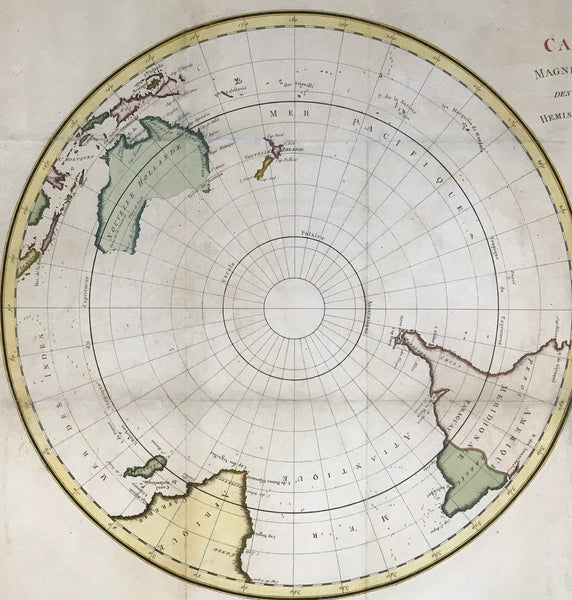 "Carte Magnétique des deux Hemisphères". Copper etching ca 1780. Modern hand coloring.  This map shows the two polar regions and bordering countries. Notice that the polar regions were still somewhat unknown. The are many small crosses in the oceans for missed ships or shipwrecks.