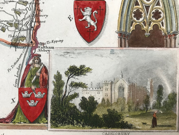Maps, British Isles, Hertfordshire, Herts, with St. Albans Abbey and Cashiobury, railroads