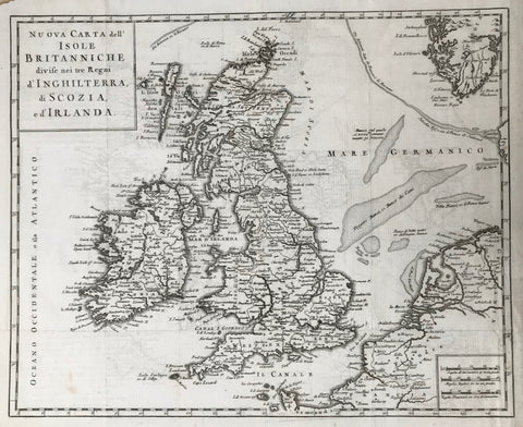 Nuova Carta dell' Isole Britanniche divise nei tre Regni d'Inghlaterra, di Scozia, e d'Irlanda (England, Scotland and Ireland). Copperplate etching from Thomas Salmon: Modern History. 1743  A specialty of this map that it indicates larger sandbanks in the North Sea