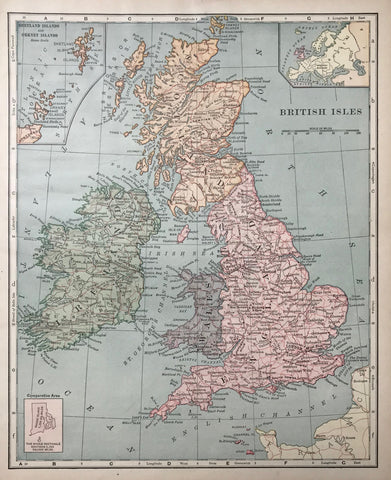 "British Isles"  Wood engraving printed in color. Reverse side is printed.  In the upper left corner is an inset showing the Shetland Islands and the Orkney Islands. In the upper right corner is an inset showing the British Isles and the rest of Europe