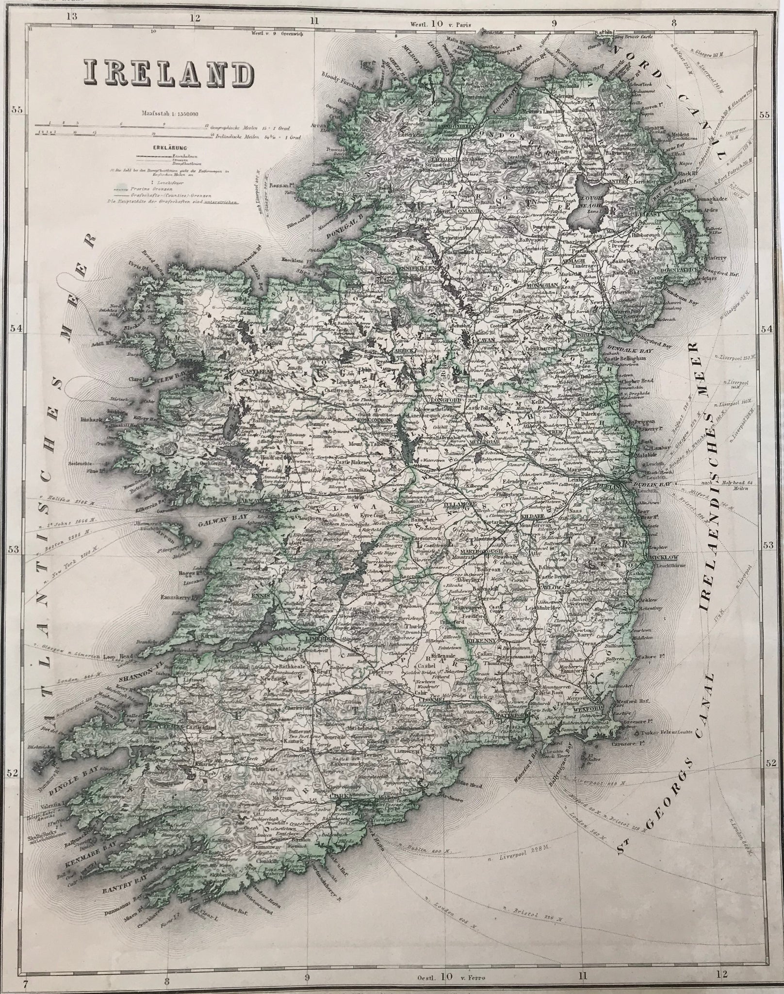 "Ireland"  Steel engraving for Meyer´s Hand Atlas, 1868. Original outline coloring.  Detailed map showing the railway lines of the time as well as the routes of the steamships. The counties are outlined in green.