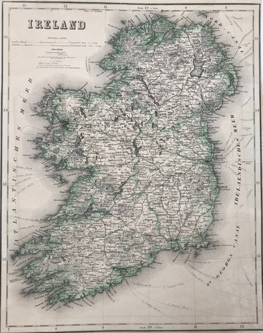 "Ireland"  Steel engraving for Meyer´s Hand Atlas, 1868. Original outline coloring.  Detailed map showing the railway lines of the time as well as the routes of the steamships. The counties are outlined in green.