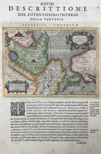 "Descrittione del Potentissimo Imperio della Tartaria - Tartariae Imperium". Plate XXVIII (28)  This map shows suggestively in outlines the West Coast of North America from what later became Alaska, British Columbia, Washington (State), Oregon and California (which was already named). It also shows Japan, China, Russia, Mongolia, Central Asia.  Type of print: Copper etching  Artist: Girolamo Porro