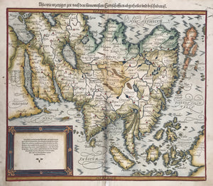 "Asia wie es jetziger zeit nach den fuernemesten Herrschaften abgetheilet und beschriben ist". Woodcut by Sebastian Münster from the "Kosmographie". Basel, ca. 1590. Pleasant modern hand coloring.  Part of the charm of this very old map of Asia is that it is not so exact. The map stretches from Eygpt in the west to Japan and New Guinea in the east. The northern part of the map is more "sketchy". In the location of present-day Siberia is the Scythicum Sea. 